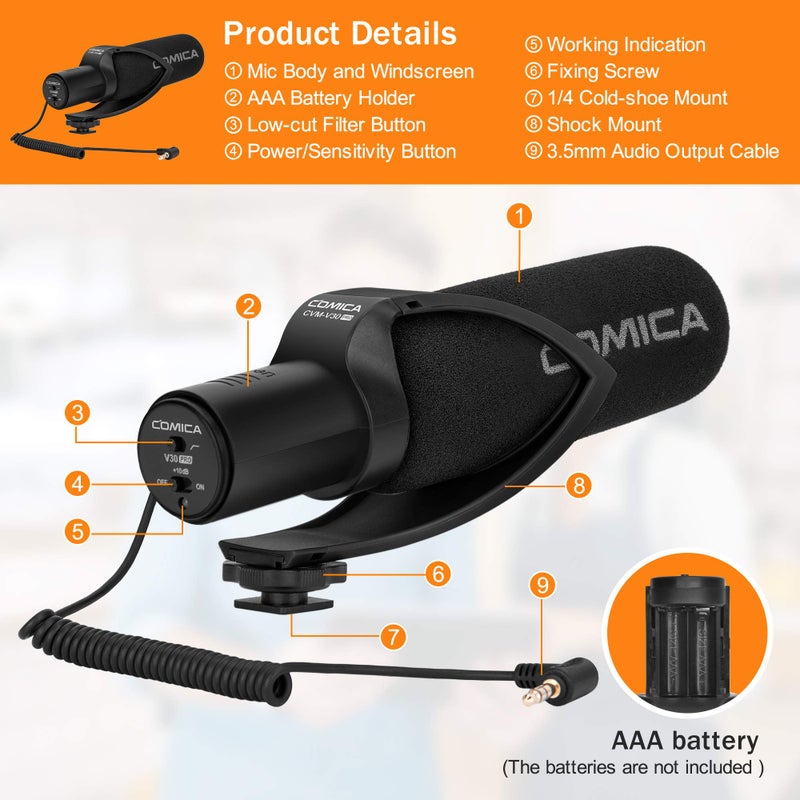 COMICA CVM-V30PRO Professional Super Cardioid Shotgun Microphone with Wind Muff, Camera Microphone for Canon Nikon Sony DSLR Cameras, Camcorders, iPhone Smartphones, etc - Image 3